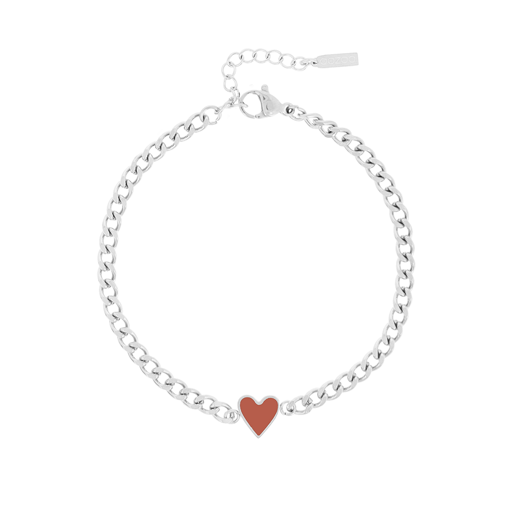Silver coloured bracelet with red heart charm