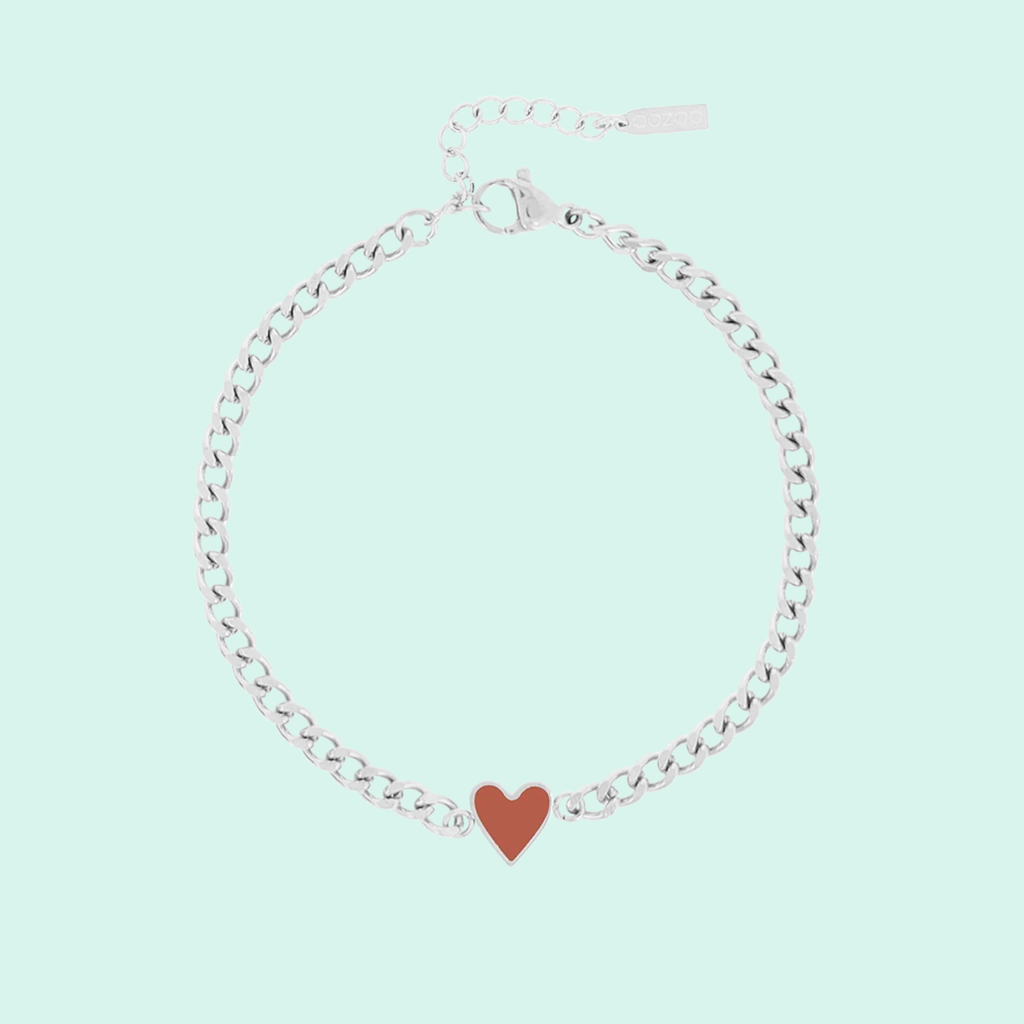 SB-1018 - Silver coloured bracelet with red heart charm