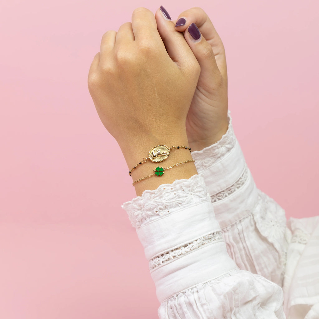 SB-1037 - Gold Bracelet with a Green Clover