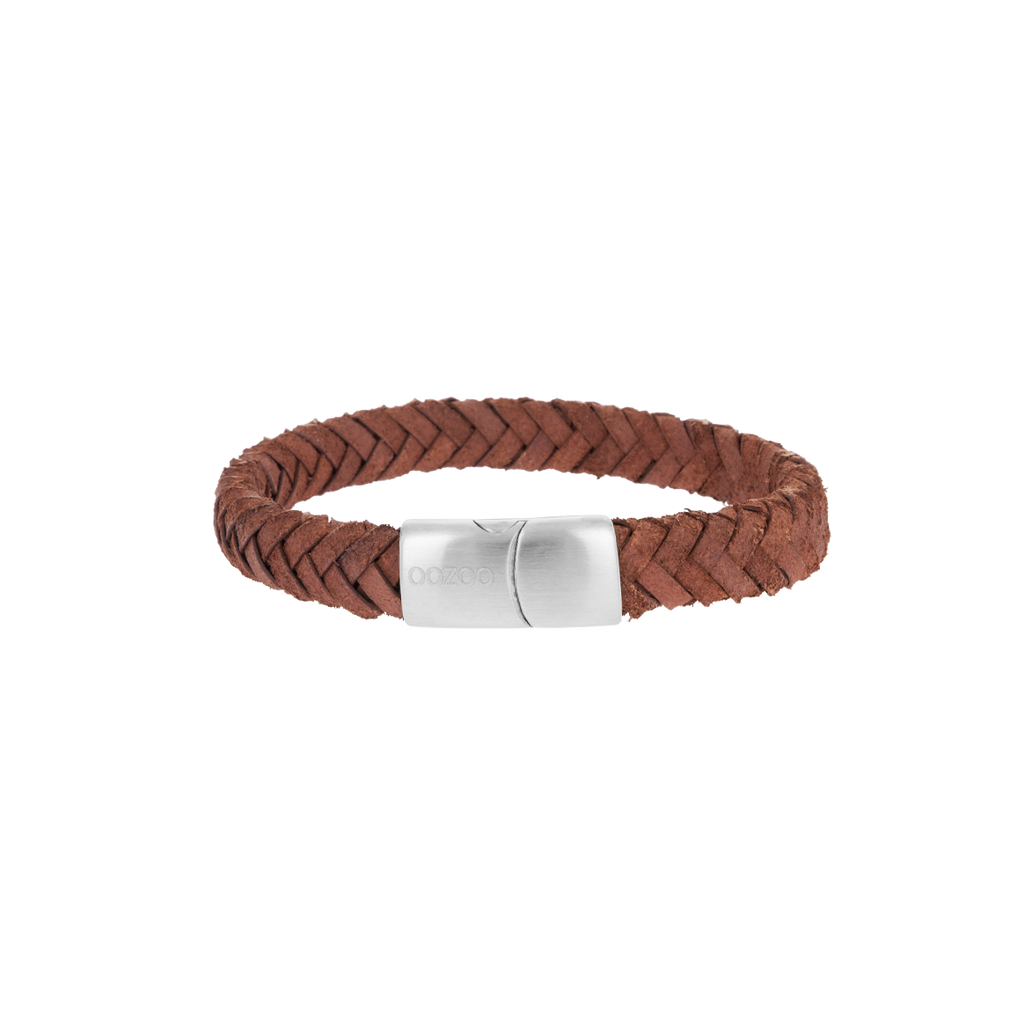 Cognac braided leather bracelet with silver coloured clasp - SB-1110