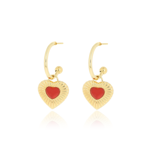 Gold earrings with red heart charm