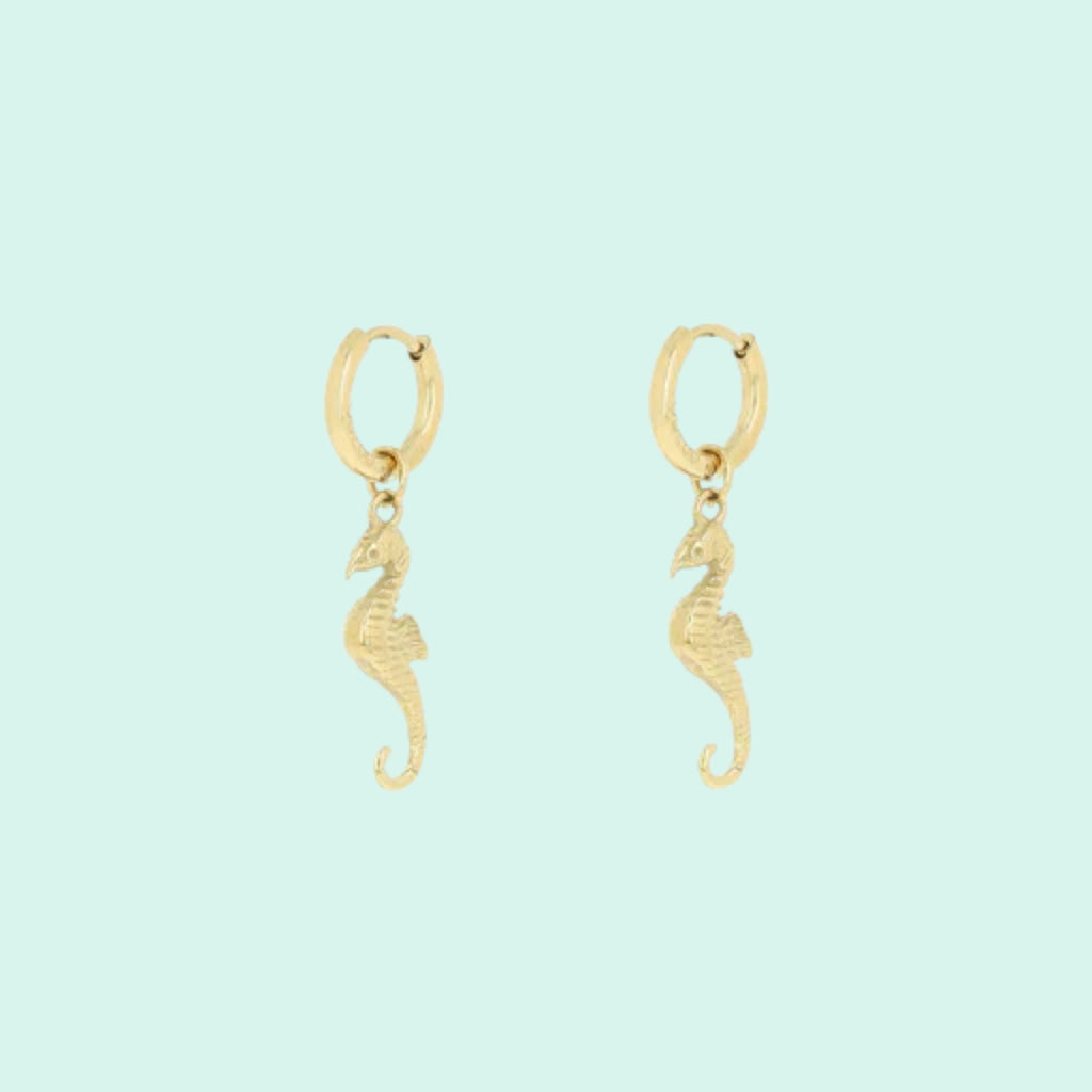 SE-3080 - Gold Hoop Earrings with Sea Horse Charm