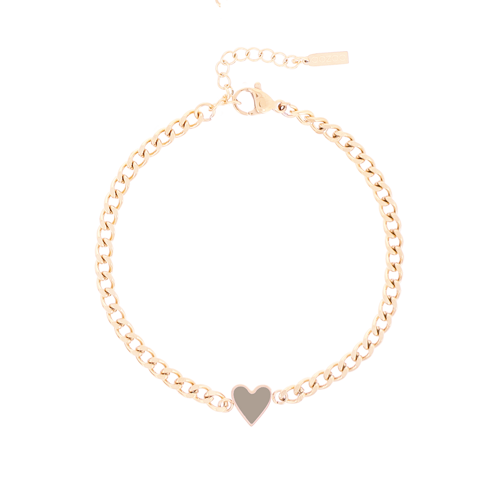 Rose coloured bracelet with red heart charm