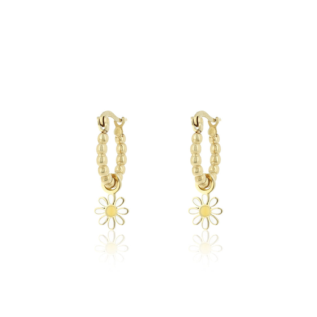 Gold hoop earrings with flower charm