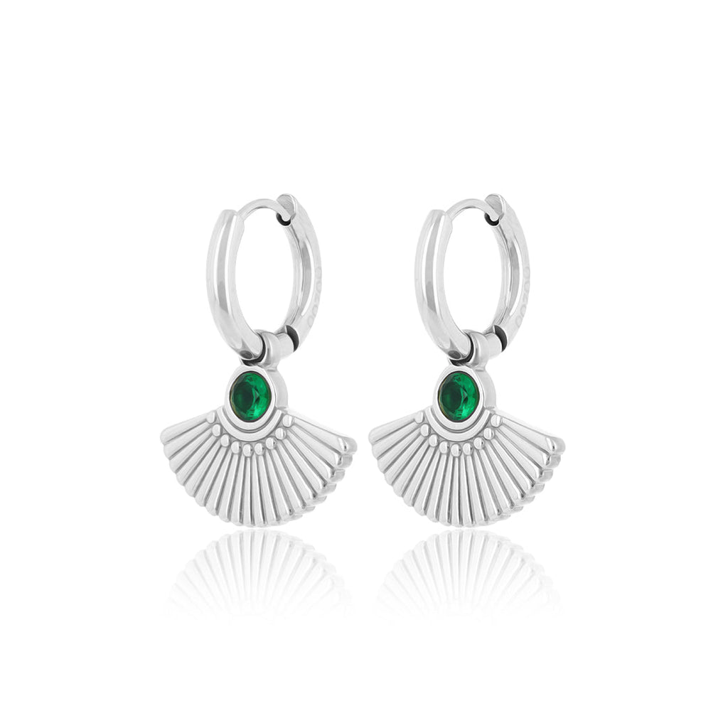 Silver hoop earrings with peacock tail