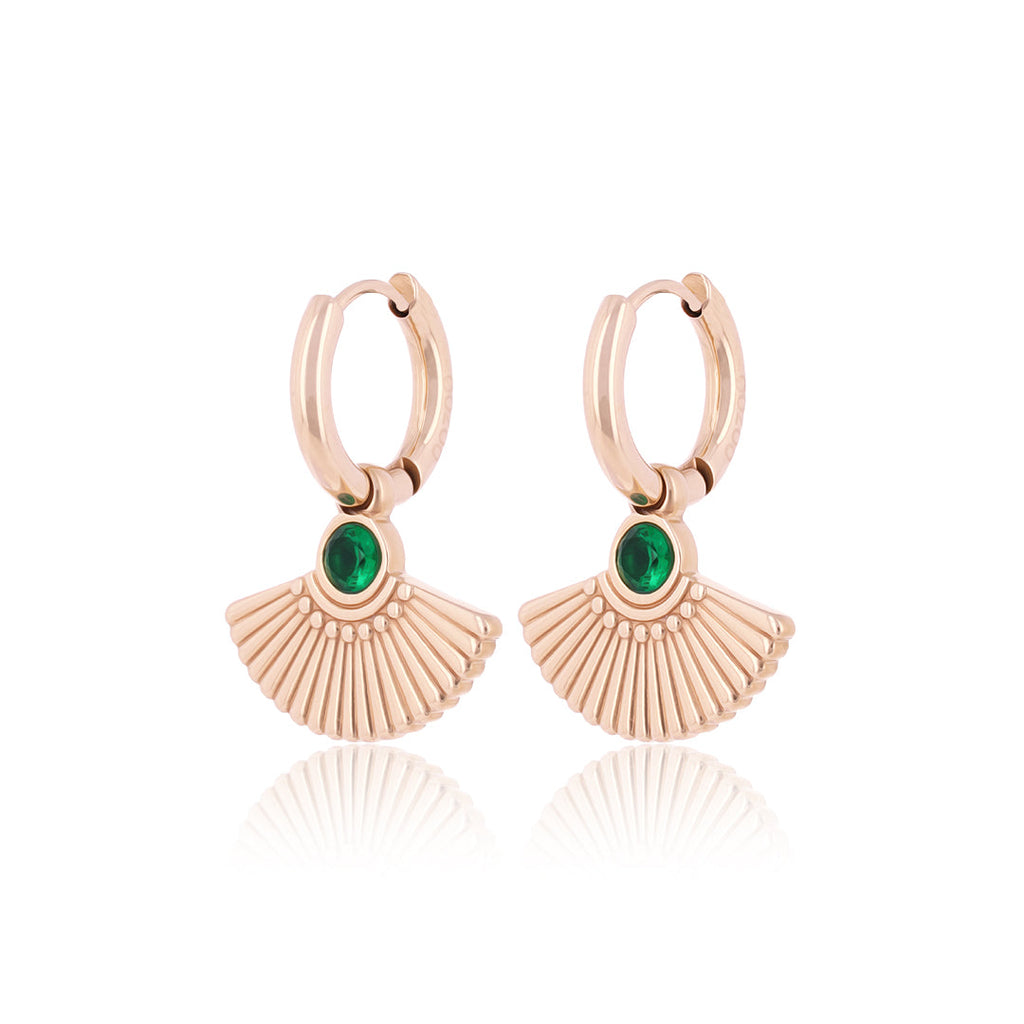 Rose gold hoop earrings with peacock tail