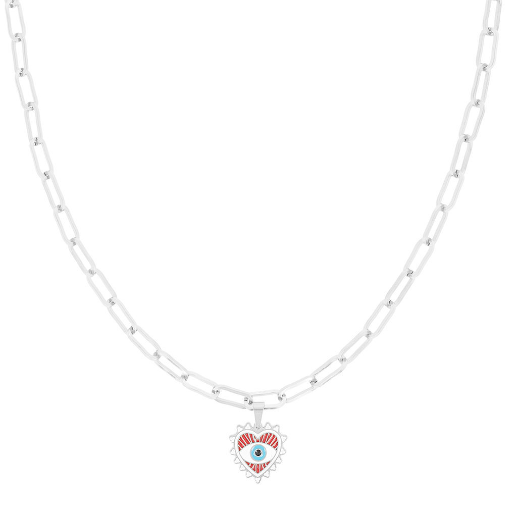 Silver coloured necklace with evil eye charm
